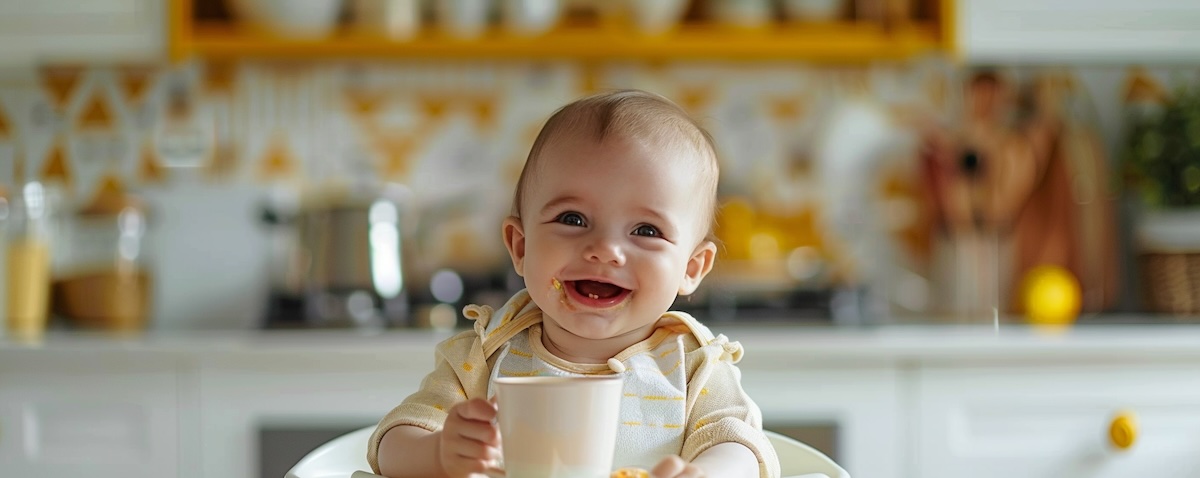 Baby übt im Hochstuhl das Trinken aus einem Trinklernbecher
