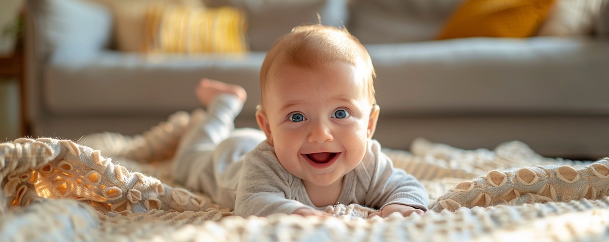 Baby liegt entspannt auf einer weichen Krabbeldecke in einem hellen Wohnzimmer