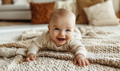 Baby krabbelt lachend auf einer gemusterten Spieldecke
