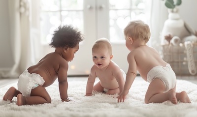Mehrere Babys liegen und krabbeln gemeinsam auf einer weichen Unterlage