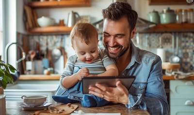 Elternteil mit Baby auf dem Arm schaut zuversichtlich auf ein Tablet