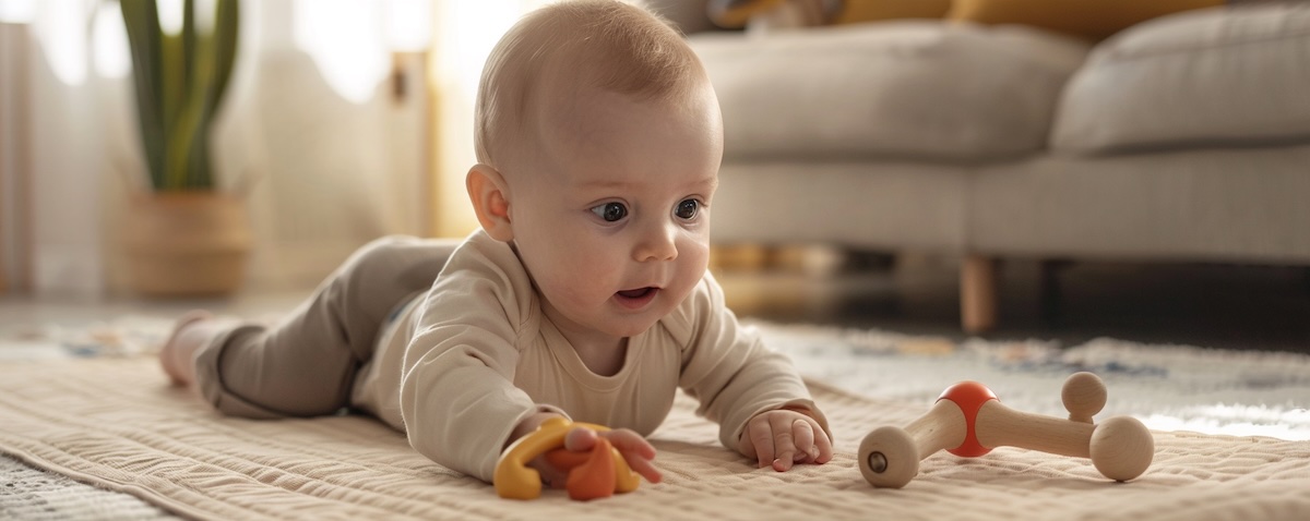 Baby liegt in Bauchlage auf einer hellen Krabbeldecke und greift nach einem Holzspielzeug