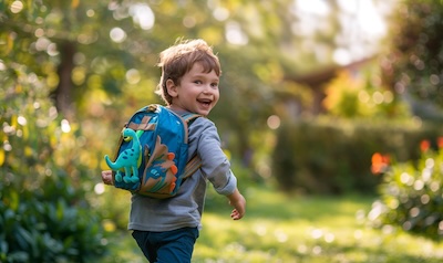 Kleinkind-Junge mit Mini-Rucksack unterwegs im Garten