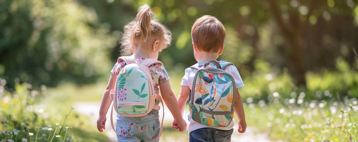 Zwei Kleinkinder mit Umhängetasche und Mini-Rucksack unterwegs im Park