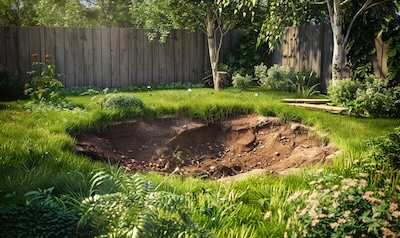 Ausgehobene Grube im Garten für den Einbau eines Bodentrampolins