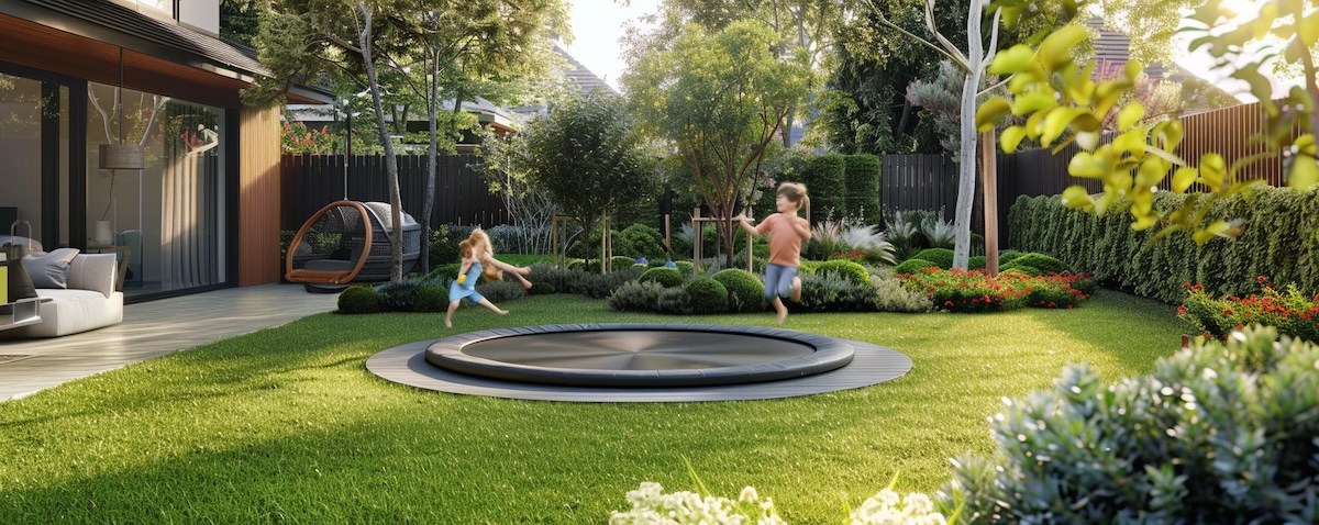 Inground-Trampolin bodeneben im Familiengarten mit spielenden Kindern