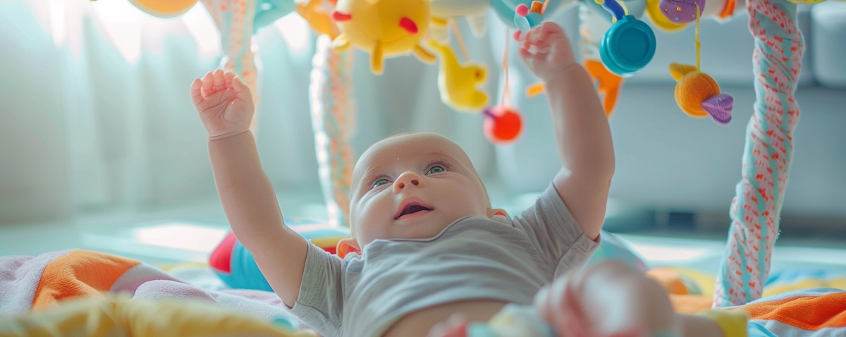 Baby greift nach Spielzeug am Spielbogen der Abenteuer-Krabbeldecke