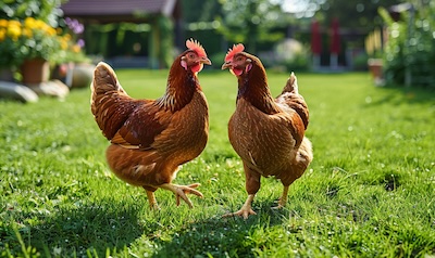 Zwei zutrauliche Hühner laufen im eigenen Gartenauslauf