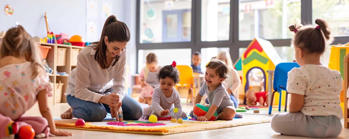 Kleinkinder spielen mit einer Erzieherin in einem hellen, freundlichen Kita-Raum