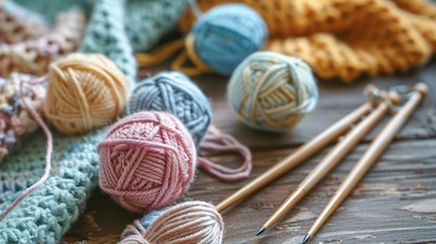 Häkelmaterial für eine Krabbeldecke: Wolle und Häkelnadeln