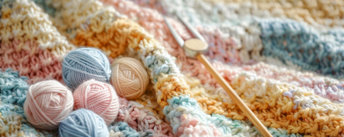 Gehäkelte Krabbeldecke mit Wolle und Häkelnadel