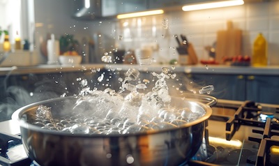 Babyflaschen werden in einem Topf mit sprudelnd kochendem Wasser ausgekocht