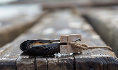 Krebsangel selber bauen – Wäscheklammer mit Muschel-Köder an der Schnur