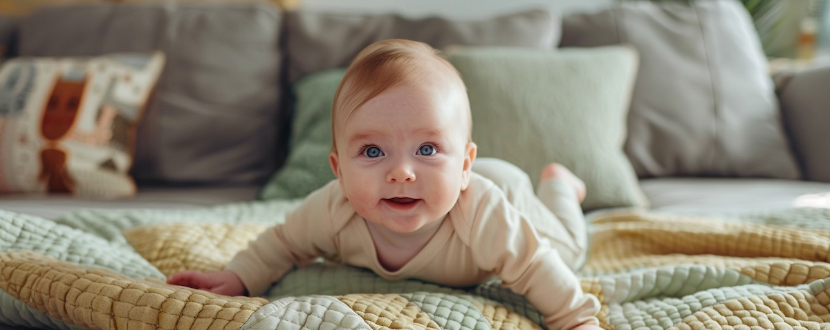 Baby krabbelt auf einer weichen Krabbeldecke im hellen Wohnzimmer