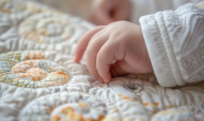 Babyhand auf dem weichen Stoff einer Baumwoll-Krabbeldecke
