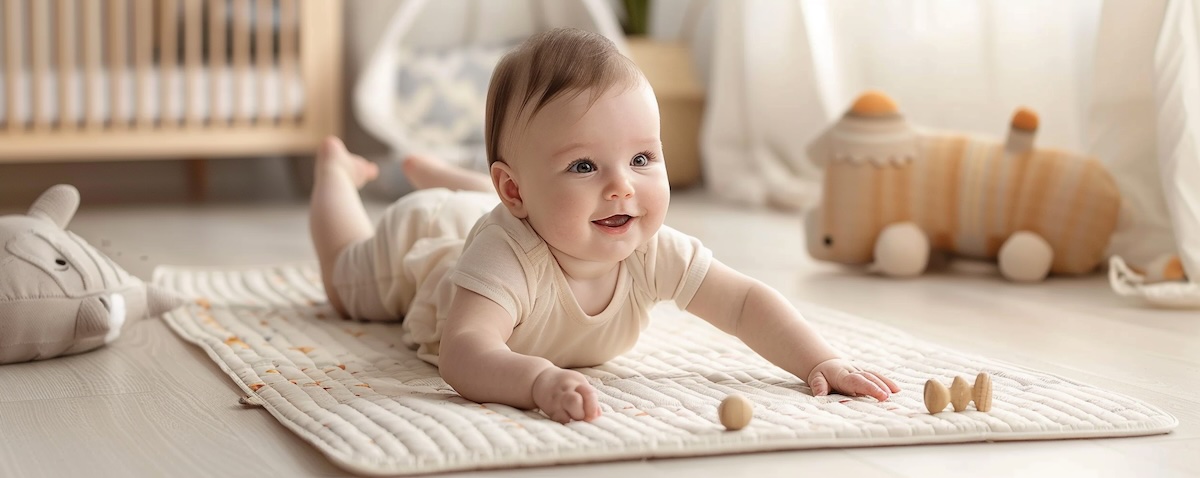 Baby liegt auf einer weichen Spieldecke im hellen Kinderzimmer