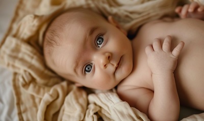 Baby liegt entspannt auf einer weichen Musselindecke, Nahaufnahme