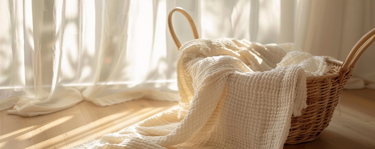 Weiche Musselin-Decke in hellem Kinderzimmer, morgens