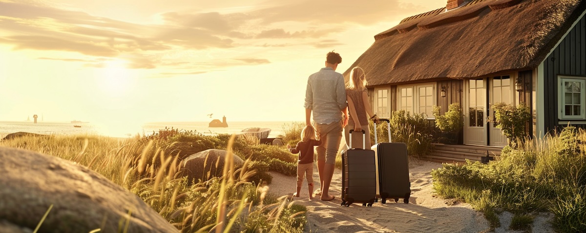 Familie mit Reisetaschen und Koffern vor einem gemütlichen Ferienhaus in Dänemark