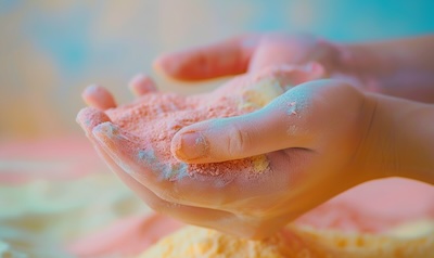 Sauberer kinetischer Sand rieselt durch eine Kinderhand