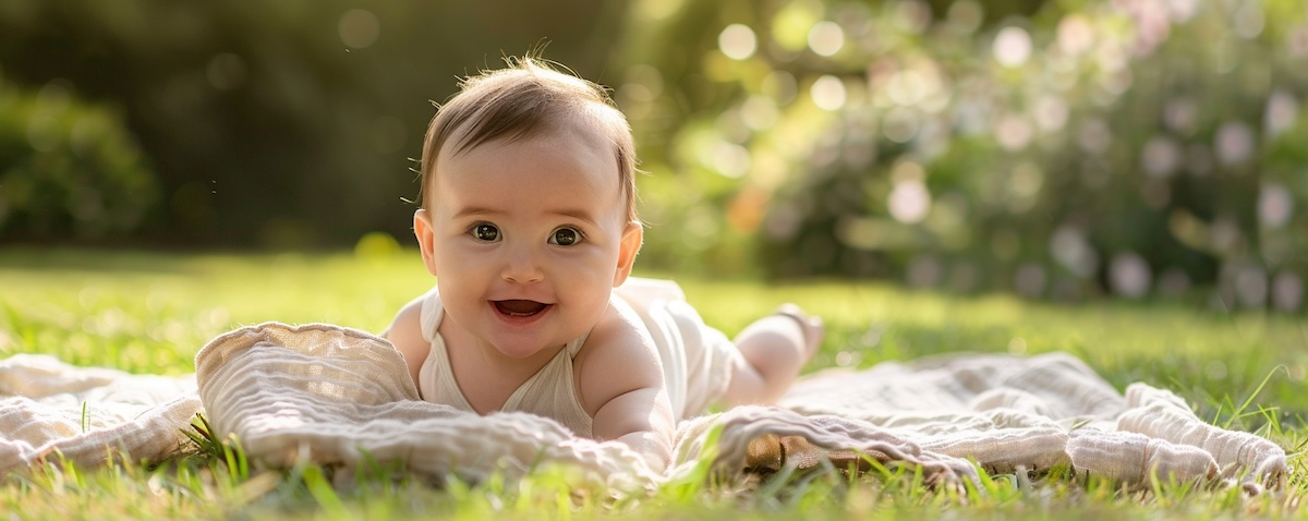 Baby krabbelt auf leichter Sommer-Krabbeldecke im Garten