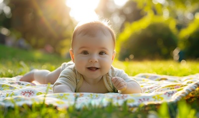 Baby auf wasserabweisender Outdoor-Krabbeldecke im Park