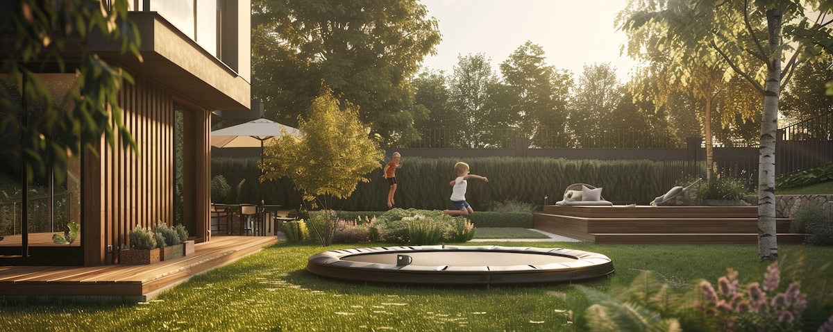 Gartentrampolin im Familiengarten mit spielenden Kindern