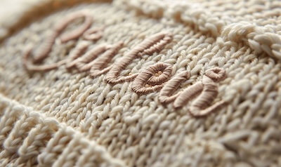 Nahaufnahme eines gestickten Babynamens auf einer weichen Krabbeldecke