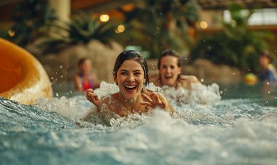 Freizeitbadbesuch einer Familie - Frau planscht im Wasser