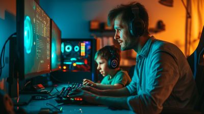 Vater spielt mit seinem Sohn am PC
