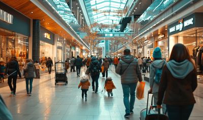 Volles Shoppingcenter mit Kindern