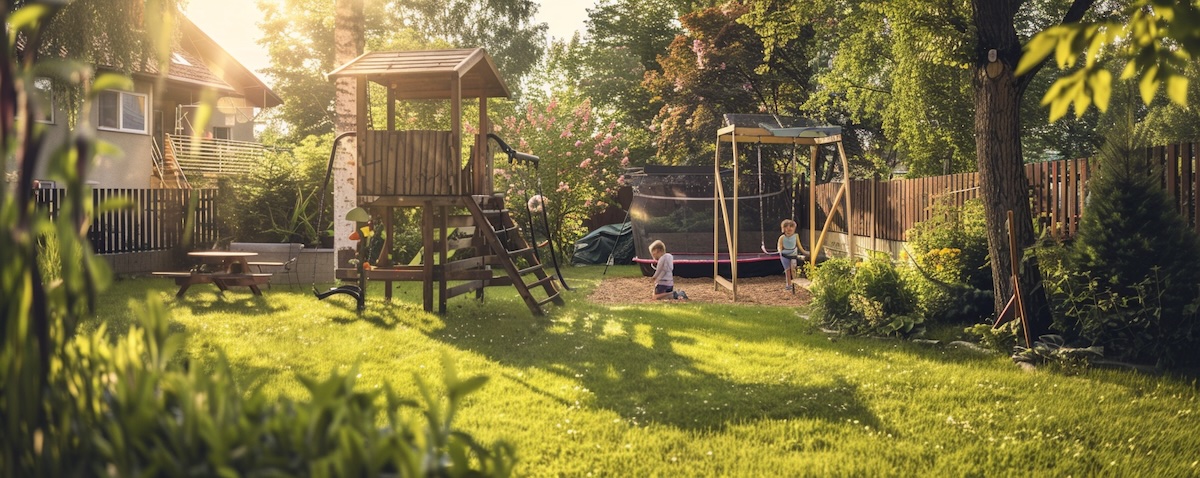 Gartenspielgeräte für Kinder in einem kleinen Familiengarten