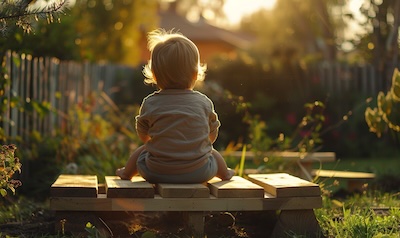 Kleinkind spielt an einem niedrigen Kletterelement im Garten