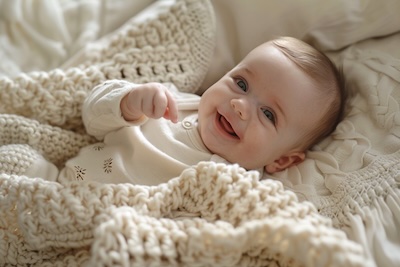 Baby liegt zufrieden auf einer schadstofffreien Krabbeldecke