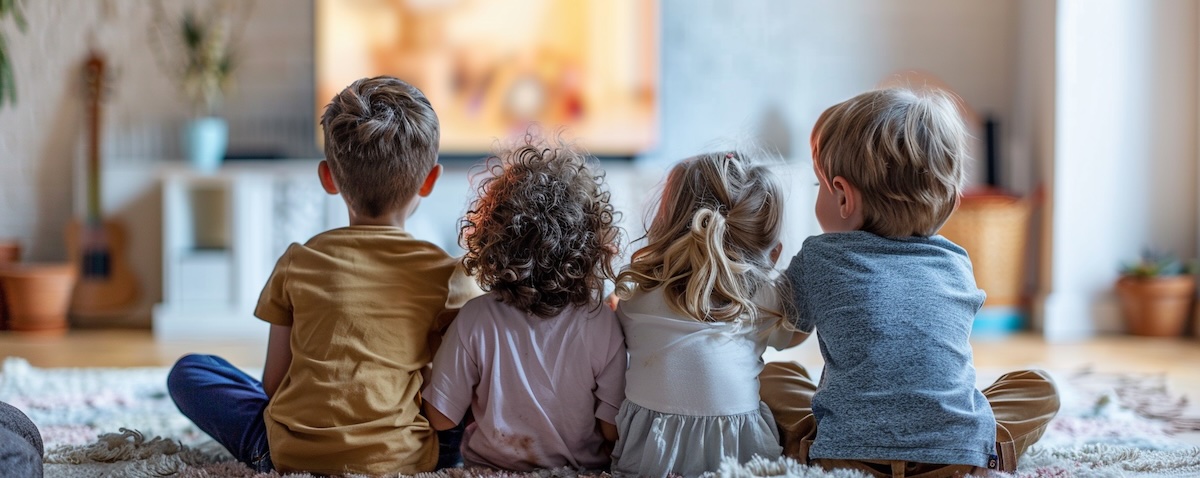 Kinder sitzen auf einem Teppich und schauen gebannt auf ein Kamishibai-Erzähltheater