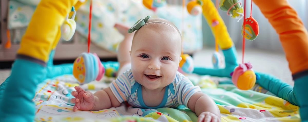 Baby liegt auf einer bunten Krabbeldecke mit Spielbogen und Hängespielzeug