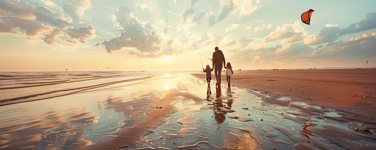 Familie mit zwei kleinen Kindern spaziert im Wattenmeer bei Cuxhaven