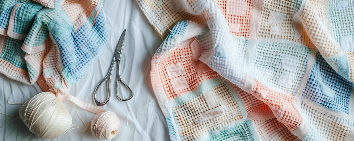 Selbst genähte Krabbeldecke mit Stoffen, Garn und Schere