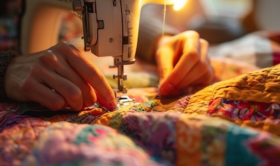 Hände nähen eine Krabbeldecke an der Nähmaschine
