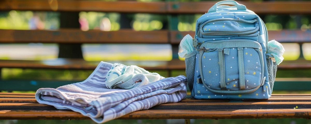 Kompakte Krabbeldecke für unterwegs neben Wickelrucksack
