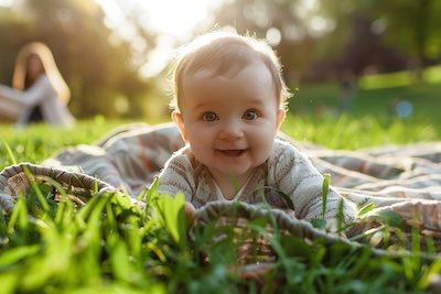 Baby spielt auf einer Reise-Krabbeldecke im Park