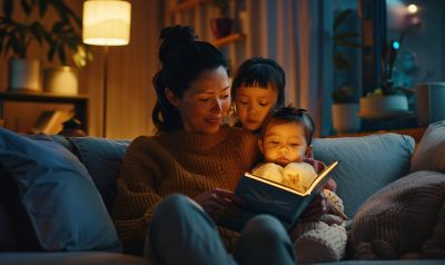 Mutter liest Kindern aus eine buch vor