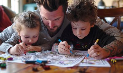Vater mal mit Kindern in einem Malbuch