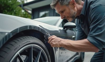 Vater prüft den Reifendruck am Familienauto