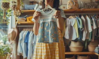 Mutter prüft Größe eines Kinderkleidungstückes