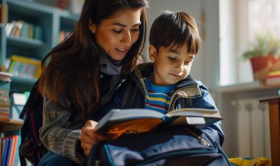 Mutter und Sohn packen gemeinsam Schulranzen