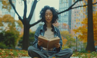 eine Frau sitzt in einem Park und liest ein Buch