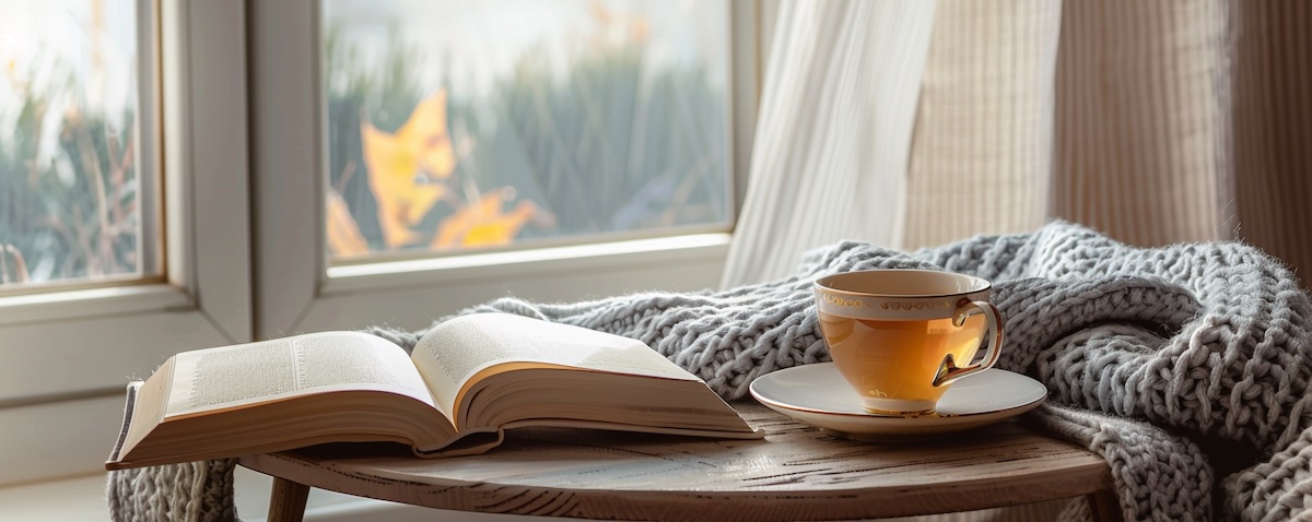 Gemuetliche Leseecke mit aufgeschlagenem Buch, Decke und Tee am hellen Fenster