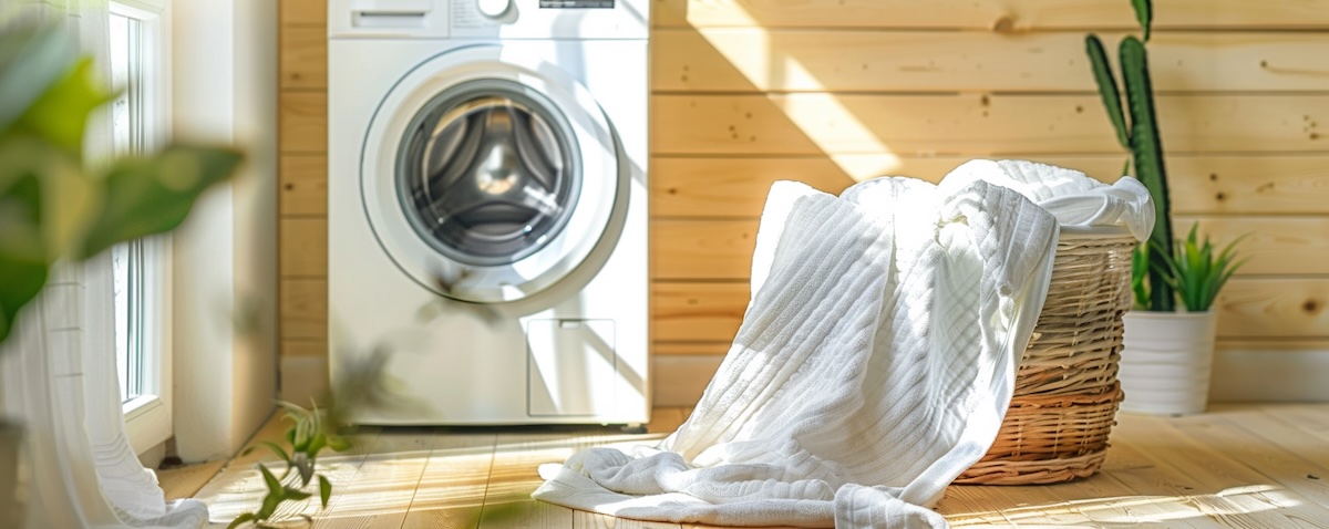 Zusammengelegte Krabbeldecke vor der Waschmaschine im hellen Hauswirtschaftsraum
