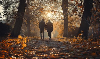 schwangere frau und mann spazieren im park